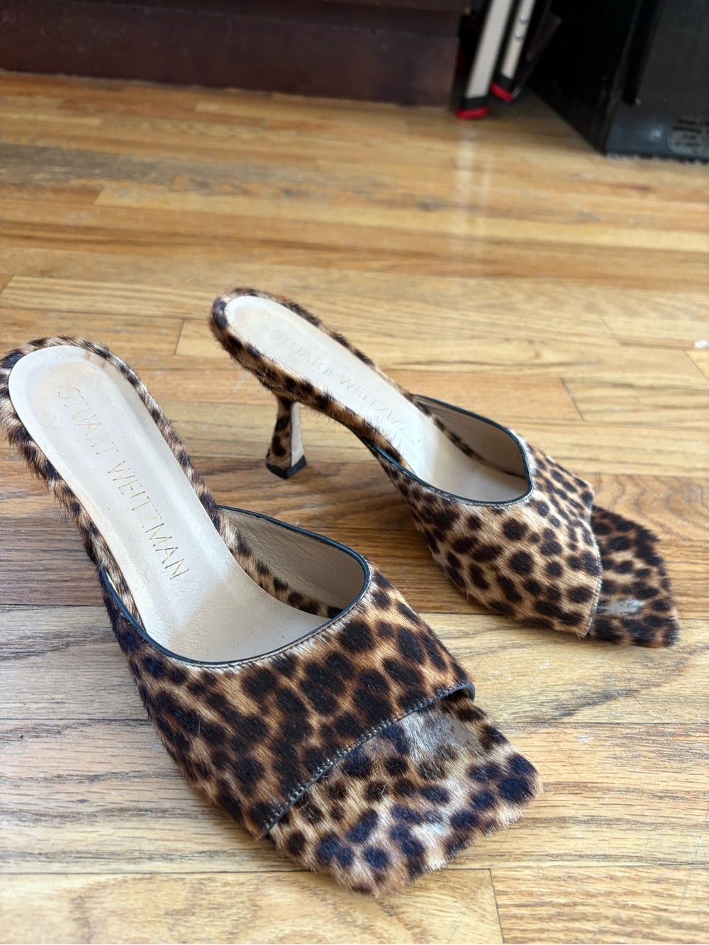 Stuart Weitzman Leopard Print Mules in Brown/Black